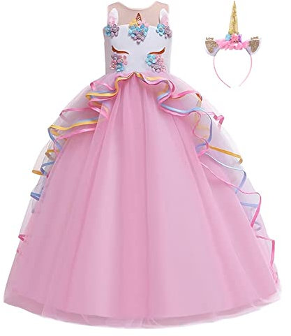 MYRISAM Princesse Fille Licorne Déguisement Robe de Anniversaire Cérémonie Soirée Halloween Carnaval Noël Fête Spectacle Mariage Longue en Tulle Robes Bal avec Bandeau Rose 8-9