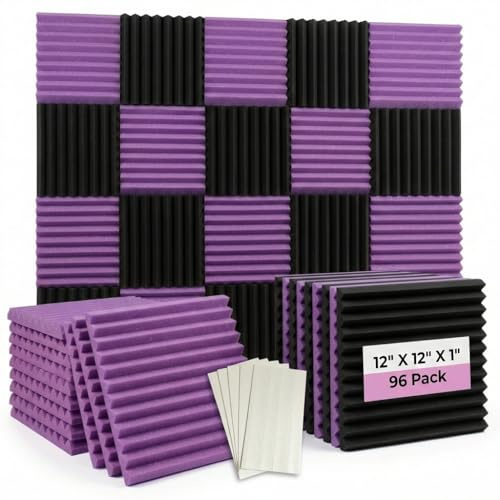 Confezione da 96 pannelli acustici in schiuma per insonorizzazione, colore nero/viola, 30,5 x 30,5 x 2,5 cm