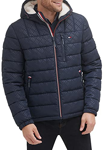 Tommy Hilfiger Herren Midweight Sherpa Lined Hooded Water Resistant Puffer Jacket Mantel, Tommy Logo Tech Navy, XL