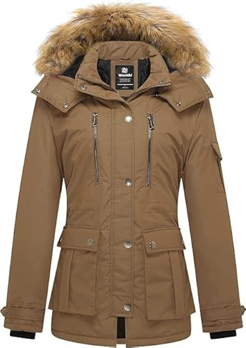 Wantdo Chaqueta Cálida de Invierno a Prueba de Viento con Capucha de Piel Extraíble Parka Slim Fit Chaqueta Impermeable para Exteriores para Mujer Caqui XL
