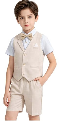LOLANTA 4 pièces Costume Enfant Garcon Mariage Ete, Vetements Garcon Ceremonie, Short Gilet Chemise nœud Papillon, 11-12 Ans, Beige, Fabricant 160