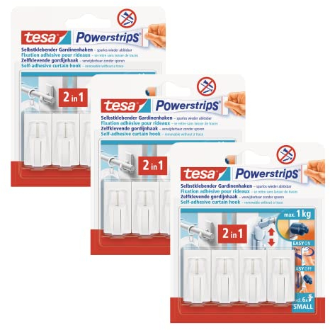 tesa Powerstrips Vario-Gardinenhaken im 3er Pack - Selbstklebende Gardinenhaken von tesa - wieder ablösbar und mehrfach verwendbar - Bis 1 kg Belastung - 3 x 4 Stück