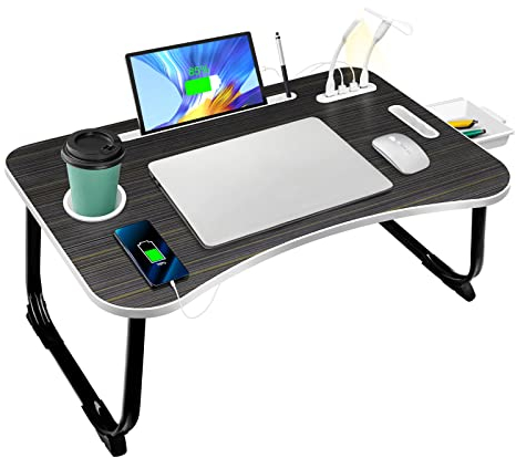 AirOpen Laptoptisch fürs Bett, Betttisch Klappbar mit 4 USB Ladeanschluss, Schublade, Tablet Ständer, Getränkehalter, Tragegriff, Laptop Tisch für Bett, Sofa, Couch, Boden (60 x 40 cm, Schwarz)