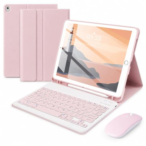 SOPPY Fodral med Bluetooth-tangentbord med mus för iPad 9. Generation 2021, 8:e generationen 2020, 10,2 tum generationen 2019, Air 3 och Pro 10,5 tum, trådlöst avtagbart, med slits för att hålla