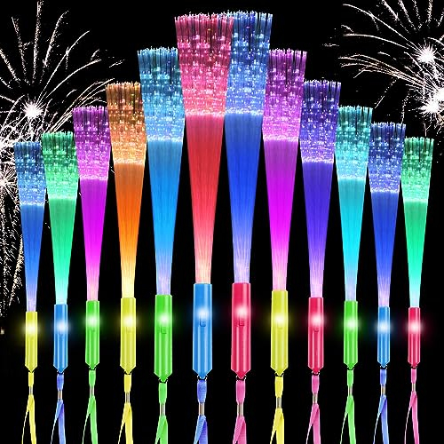 Ainiv 12pcs Fibre Optic Wands, 7 Blinking Colors LED Glow Sticks Party Pack, 3 Modes Light Up Fiber Optic Flashing Wands for Christmas, Concerts, Wedding, Birthday, Party Favours