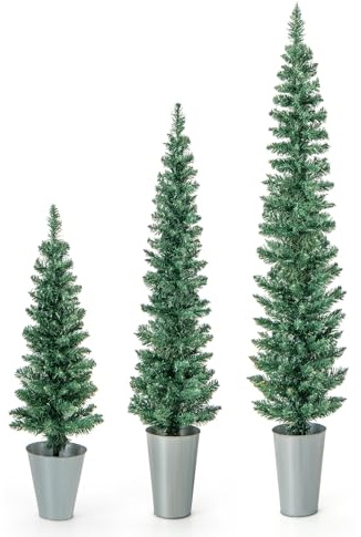 GIANTEX Set di 3 Albero di Natale Artificiale in Vaso con Alberi Finti da 90/120/150 cm, Alberi di Natale Sottili a Matita con Secchi in Metallo Argentato, Decorazione Festiva (Verde)