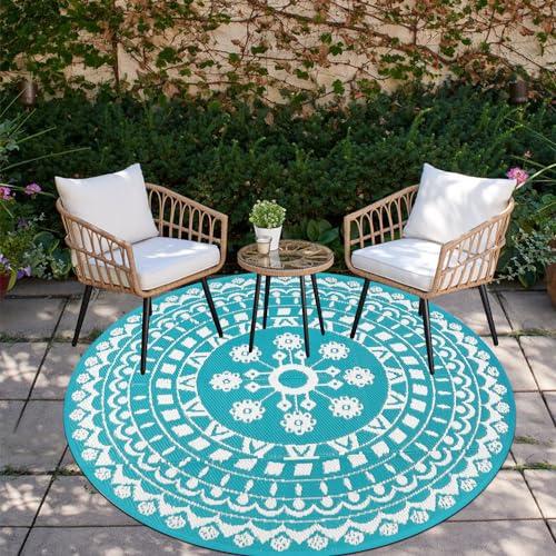 Capslpad Round Outdoor Rug for Patio 150cm Boho Reversible RV Mat Waterproof Outdoor Plastic Straw RV Camping Rug Outside Circle Area Rug for Porch Deck Terrace Picnic Beach Apartment Pool Decor,Teal
