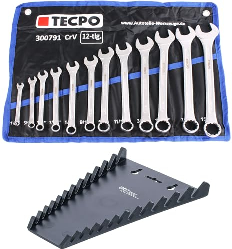TECPO Juego de llaves combinadas de 12 piezas en pulgadas con soporte de pared