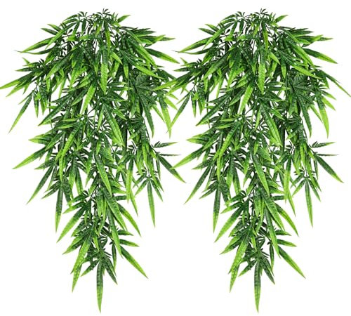 Hängepflanze Terrarium Zubehör, QUOZUO 2 Stück Künstliche hängende Palme Pflanzen Reptilien Tank Lebensraum Dekorationen, Künstliche Hängepflanze für Bartdrachen, Eidechsen, Geckos, Schlange