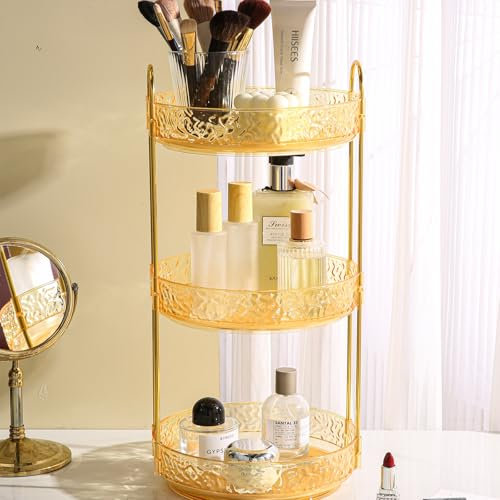 Fangoo 3 Capas Organizador de Maquillaje Giratorio 360 Grados Gran Capacidad Cosmética para Dormitorios Organizador Perfumes y Cremas Pintalabios Brochas Baño Tocador (Oro)