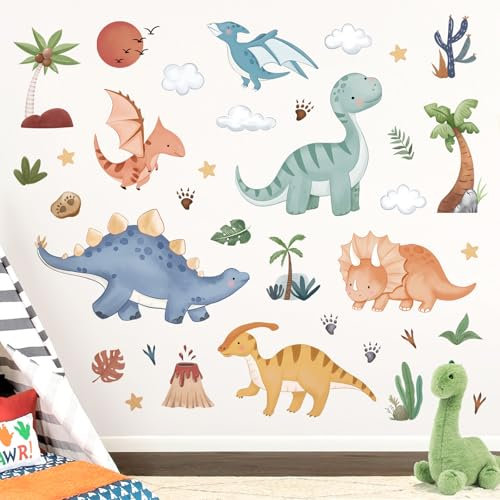 decalmile Boho Baby Dinosaurs Wall Decals Dino Palm Tree Volcano Wall Stickers Boys Bedroom Toddler Room Baby Nursery Wall Decor