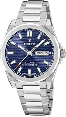 Festina Swiss Made Montre Homme Analogique - Acier Inoxydable 316L Argenté - Quartz - Calendrier - Verre Saphir Résistant - Étanche 10 ATM - F20073/2 Classic Steel