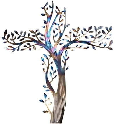 SUNFECILI Arte de la Pared de la Cruz de Metal, árbol de Vida de Metal, Hoja de Oliva Color de Color Clásico Colgante de Pared, Sala de Estar de la Noche, Decoración Al Aire Libre,
