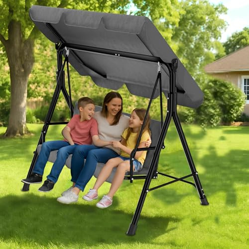 Balançoire de Jardin 3 Places Outdoor,Balançoire de Terrasse avec Auvent Réglable et Coussin Amovible,Structure en Acier au Carbone,Banc à Bascule pour Terrasse,Piscine,Jardin,176x110x152cm，Anthracite