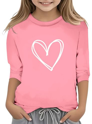 Haut élégant à manches longues pour fille avec imprimé de la Saint-Valentin, tendance, fonctionnel, col rond, manches 3/4, t-shirt décontracté à paillettes pour fille, Rose, 7-8 ans
