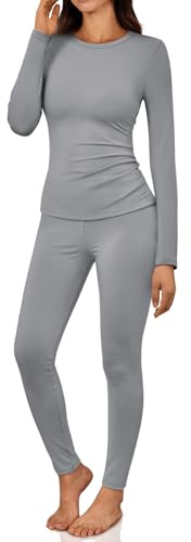 LILLUSORY Womens Long Johns Thermal Underwear Fleece Lined Leggings Warm Pajama Pants Set Shirts Winter Clothes 2026 Grey M