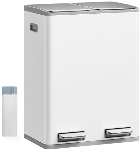 Hzuaneri Mülleimer Küche, 2 x 30 L, Mülltrennsystem 2 Fächer 60 L, Edelstahl-küchenmülleimer, Tretmülleimer, Abfalleimer Ruhiger Langsamer Abstieg, mit 15 Exklusiven Abfallbeuteln, Weiß SW06099W