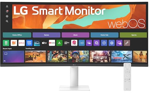 LG SMART Monitor 34U601SA-W, Curved UltraWide QHD 1440p VA, 34 inch, 100Hz, 5ms GtG, HDR10, Wi-Fi, Bluetooth, Home office - Remote Desktop, Airplay, webOS smart apps with remote, Speakers, HDMI, White