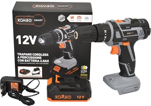 KOMBO SMART - Trapano Avvitatore a Percussione 12V - Batteria 2.0Ah, 2 Velocità, 30Nm, Mandrino 10mm con LED Integrato