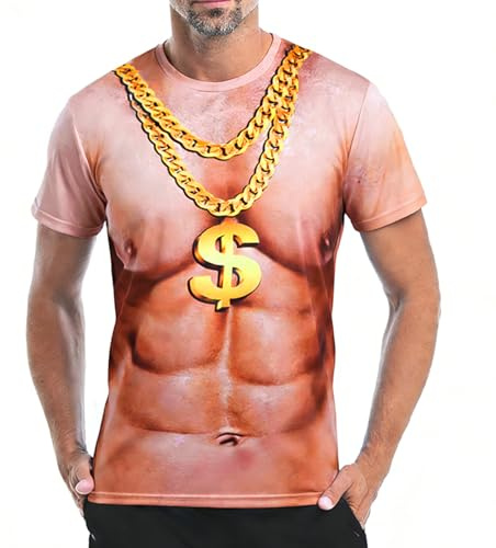 AYBUY Maglietta Muscolare Stampata in 3D, Maglietta ABS da Uomo, T-Shirt Uomo Maniche Corte, Uomo Divertenti Manica Corta Camicia, Magliette Sportive e Magliette Fitness(3D muscolo e collana, XL)