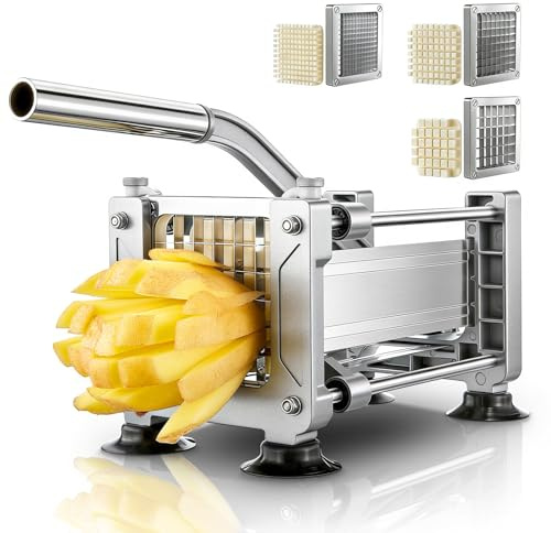 FOHRER rostfritt stål professionell manuell potatisskärare med 13, 9, 6 mm blad av rostfritt stål, pommes frites skärare för hela potatis, morötter, gurkor, lök, pommes frites, Silver (silver)