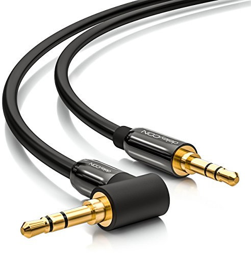 deleyCON 5m 3,5mm AUX-Kabel Stereo Ljudkabel Klinkkontakt 1x 90° Vinklad för PC Laptop Mobil Smartphone Surfplatta Bil HiFi‑Receiver - Svart