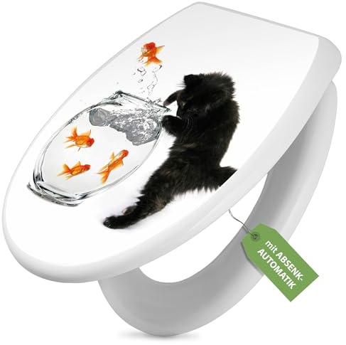 banjado Toilettendeckel mit Absenkautomatik 44,5x37cm - Soft Close Toilettensitz - WC Sitz mit Absenkautomatik - Klodeckel aus Duroplast mit Edelstahl Scharnieren, einfache Montage - Motiv Katze Und F