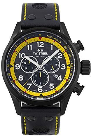 TW Steel Swiss Volante Herren 48mm Quarzuhr mit schwarzem Zifferblatt, schwarzem Lederarmband und Datumskalender SVS301