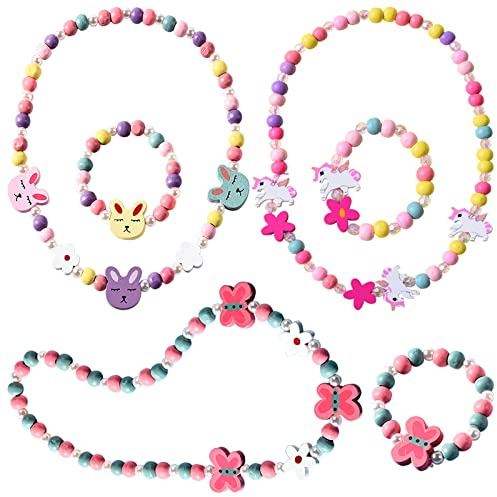 YUTOU 6 st trä barn smycken set, enhörning armband flickor, smycken flickor halsband armband barn, färgglada träsmycken, enhörning/kanin/fjäril vänskapsarmband/halsband flicka, Trä