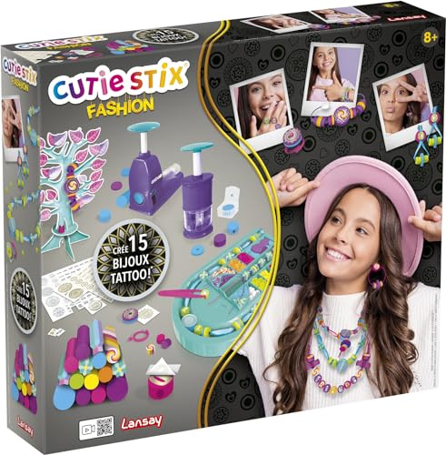 Lansay - Cutie Stix -Atelier Bijoux de Créateur - Fabrication de Bijoux Tatoo pour Enfants Dès 6 Ans - Kit Fabrication Bracelets, Colliers, Bagues, Boucles d'oreilles - Coupe et Crée tes Perles