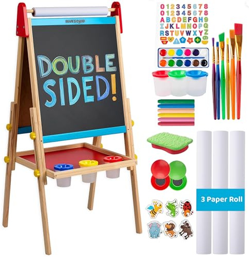 Blue Squid Art Easel for Kids with Paper Roll x 3, Includes 100+ Accessories, Double Sided Adjustable Wooden Painting Easel with Magnetic Chalk Board, White Board for Toddlers Ages 3,4,5,6,7,8,9,10,12