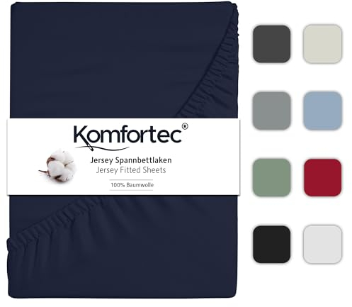 Komfortec Spannbettlaken Jersey 100% Baumwolle – 140x200 cm – 135g/m² – Weich, Atmungsaktiv & Hautfreundlich – Mit Rundumgummi – Oeko-Tex Zertifiziert – Für Boxspring, Topper & Matratzen – Blau