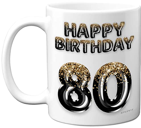 80th Birthday Gift for Men - Black Gold Glitter Balloons - Happy Birthday Mug Present for 80 Year Old Dad Grandad Uncle Cousin Friend, 11oz Ceramic Dishwasher Safe Coffee Mugs Cup