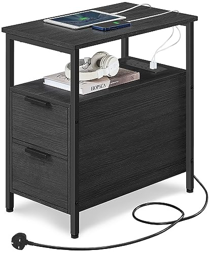 VASAGLE Slim Side Table with Charging Station, Narrow End Table with 2 Drawers, Bedside Table with Storage, for Living Room, Bedroom, Charcoal Grey and Classic Black LET326B22