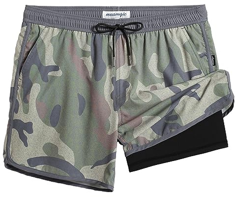 maamgic Mens Short 80s 90s Vintage 5.5 Swim Trunks Swimsuits Board Shorts Compression Liner Quick Dry 2 in 1 Bathing Suits Camo Grey Green Large