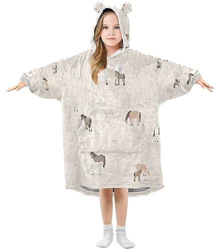 Kids Oversized Blanket Hoodie, Pink Pony Morandi Horse Warm Fleece Sweatshirt Plush Wearable, Front Roomy Pocket, Cute Ear Cap, L