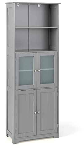 COSTWAY Badezimmerschrank, mit Glastüren, 2 offenen Fächern & verstellbaren Regalen, Badschrank Hochschrank Holz, Badkommode Aufbewahrungsschrank für Badezimmer, Küche, Wohnzimmer (Grau)