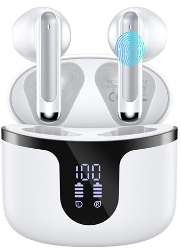 Auriculares Inalámbricos, Estéreo Hi-Fi 5.3 con 4 Micrófonos HD, Auriculares Bluetooth 50 Horas, Pantalla LED, USB-C, Impermeables IP7, Blanco