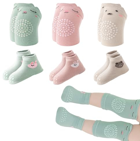 Anti-Rutsch Krabbelsocken & Knieschoner für Babys - 3 Paar Socken & 3 Paar Schoner mit Anti-Rutsch-Noppen für sicheren Halt beim Krabbeln (0-24 Monate) für Mädchen & Jungen
