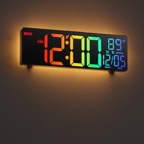 HAITANG Grande Horloge Murale numérique de 10.5 pour Salon, télécommande, Double Alarme, 8 Couleurs RVB, Grand écran LED, luminosité Automatique, Date, Heure d'été Automatique, température