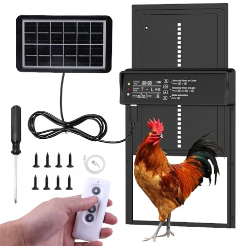 ZOYDP Automatische Hühnerklappe Solar, Elektrische Hühnerklappe, Hühnerklappe Elektrisch mit Anzeigebildschirm, Timer, Fernbedienung, Intelligenter Einklemmschutz Hühnertür Automatisch