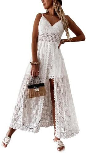 Agiyenna Robe D'Été Longue pour Femme Robe Boho Décontractée sans Manches Col en V Robe en Dentelle Spaghetti Robe De Plage Trapèze Robe Longue en Tricot Ajouré