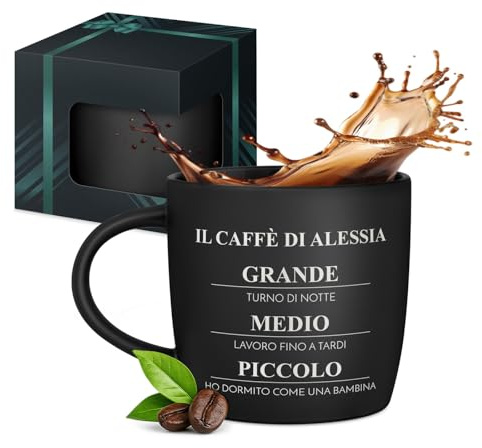 Maverton Tazza da caffè latte o tè in ceramica - 400 ml - Incisione personalizzata - Bicchiere con manico per bevande per Lei - Tazze da colazione per compleanno donna - Interno nero - Espresso