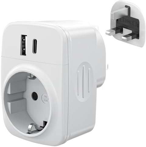 Adaptador Enchufe UK a español Tipo G, Adaptador de Viaje con USB A & C (2.4A), Europa a 3-Pin Reino Unido con Seguridad para niños para Irlanda Maldivas Dubai Gran Bretaña Singapur Hong Kong
