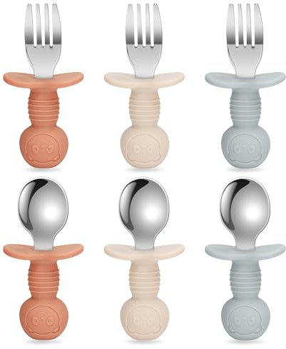 MOJINL Babybesteck Set Kinderbesteck Set ab 1 Jahr Edelstahl Löffel Gabel Silikon Griffe, Silikon Bär Esslernbesteck Esslernlöffel Kindergeschirr mit hält Anti-Choke-Design, BPA Frei (6 Stück)