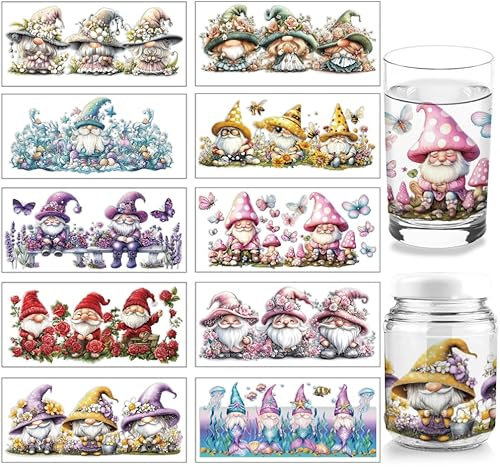 arricraft 10 Blatt Dreamful Gnome UV DTF Cup Wrap Für 16OZ Glas Blumenblätter Schmetterling Biene Abziehbilder Elfen Transferaufkleber Für DIY Flaschen Behälter Holz Gartendekoration