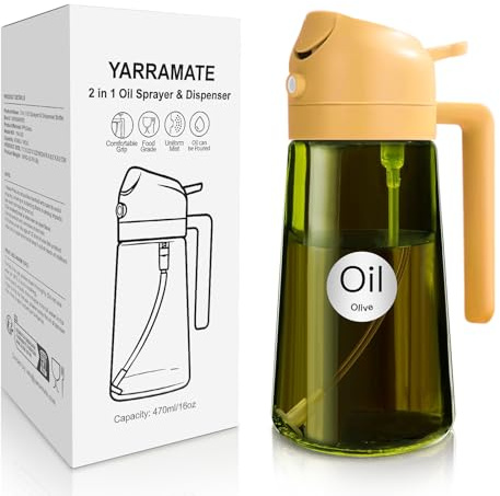 YARRAMATE Spruzzino Olio in Vetro Luce Blocco Scuro Verde per Friggitrice Aria 2 in 1, 470 ml Dosatore d'Oliva Bottiglia e Oliera Spray da Cucina, Nebulizzatore per Alimenti (Arancione)