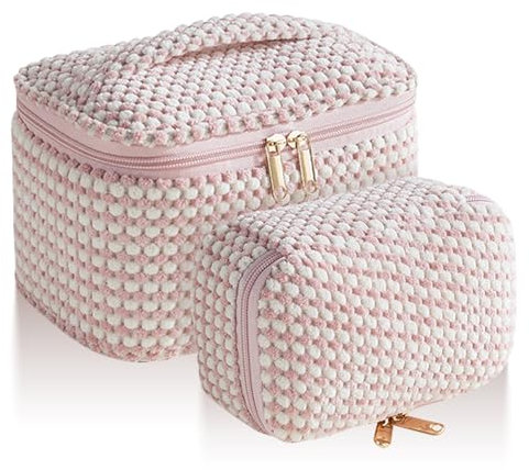 Kytpyi Kosmetiktasche Set, Kosmetiktasche Reise, 2 Stück Stilvoll Kord Schminktasche Groß mit Fächer für Toilettenartikel, Tragbar Weich Kulturtasche Damen für Verabredung Party Reise (Rosa Punkt)