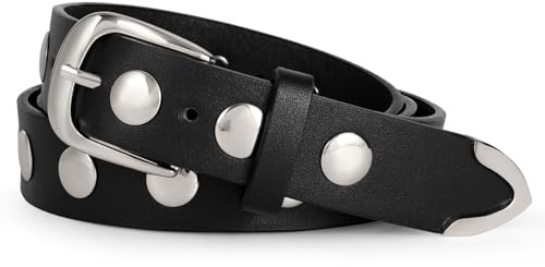 LEACOOLKEY Ceinture en cuir pour femme pour jeans - Ceinture en cuir pour femme - Ceinture punk cloutée - Ceinture à rivets avec des clous, XL Fit Taille Größe 101-112cm(130cm)