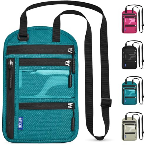 Yordawn Pochette Tour de Cou Voyage Bloqueur RFID Sac de Passeport pour Femme Homme Imperméable Porte-Passeport avec Bandoulière Réglable pour Cartes Éléphone (Bleu Lac)